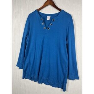 Chico’s Pima Cotton Tunic Top Grommet V Neck Blue 3/4 Sleeve Capsule Sz 2 L GUC